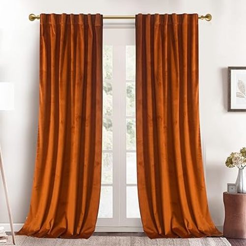 Roslynwood Russet Orange Velvet Curtains 90 inches - Super Soft Home Decor Room Darkening Curtains Thermal Insulated Velvet Drapes for Bedroom/Living Room, W52 x L90 inch, 2 Pcs