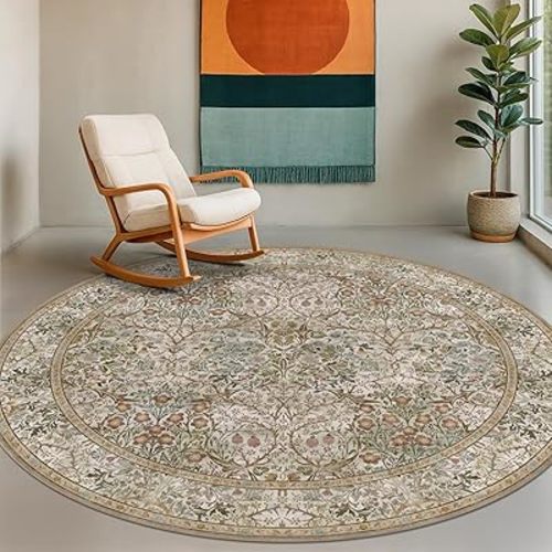 Hazo Haus Boho 6ft Round Rug for Living Room - Floral Circle Rug for Bedroom, Dining Room, Home Office, Washable Low Pile Non Slip, Moss Green & Olive Indoor Aesthetic Décor