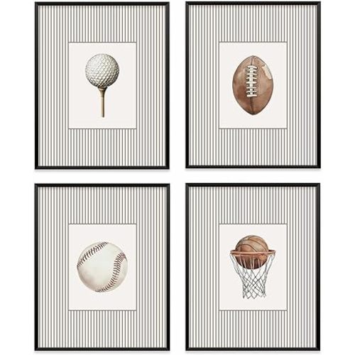 VONTP Sports Wall Art Decor, Golf Baseball Basketball Football Neutral Striped Prints Poster Wall Decorations for Kids Boys Room Bedroom Playroom Sports Room, 8x10 Inch Set of 4 (Unframed)