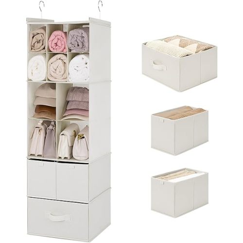 GRANNY SAYS Hanging Closet Organizer with Drawers, 6 Shelf Dividers Closet Hanging Organizer, Portable Foldable Hanging Shelves for Closet, Dorm Room, Bedroom, Kids Room, Beige