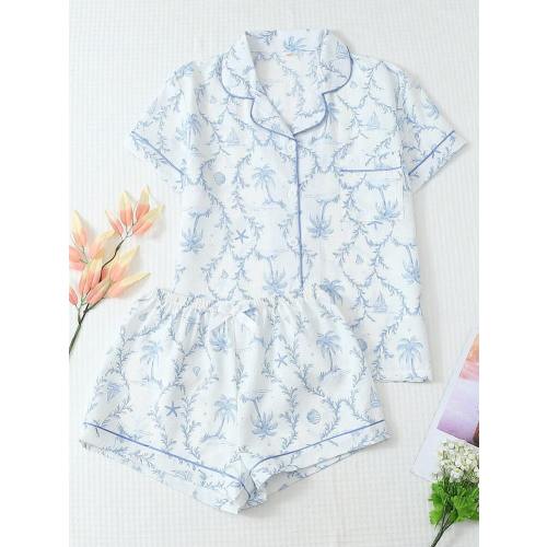 2pc Coconut Tree & Boat Print Lapel Button Short Sleeve Shirt With Pocket And Bow Shorts Pajamas Set, Comfortable For Women Indoor/Home Use, Spring/Summer | SHEIN USA