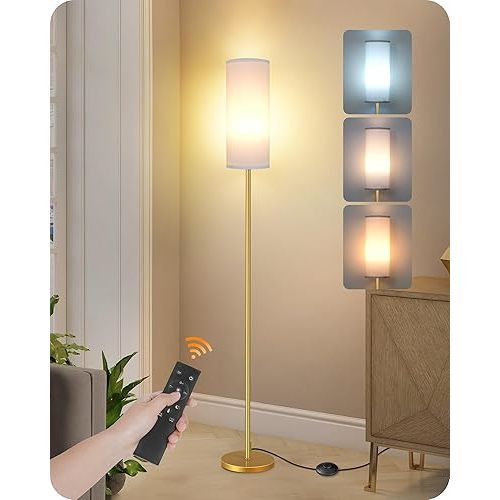 Dimmable Floor Lamp for Living Room with Remote and Foot Switch, Corner Floor Lamp, 64.4'' Standing Tall Lamp, 10W 900LM LED Bulb Included, 3000K-6500K, Linen Shade, Gold White, FCC Listed DCW06LD05W1