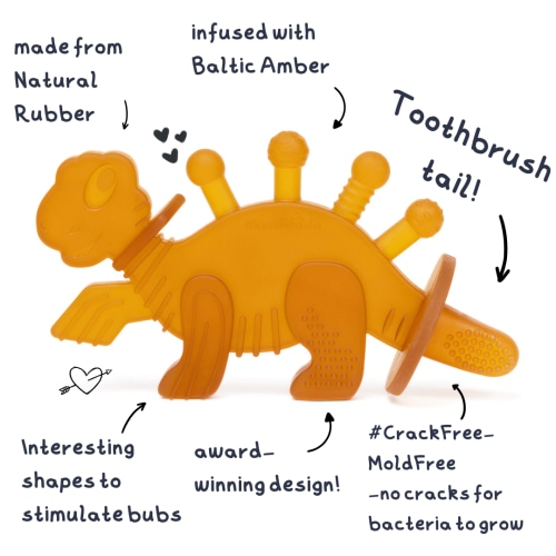 Dibly Baltic Amber & Natural Rubber Dinosaur Teether with Toothbrush Tail – Bambeado