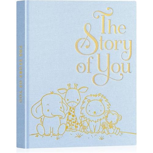 Lanpn Baby Memory Book for Boy Girl - The Story of You, Newborn Babys Book Keepsake Photo Album for New Parents, Linen Cover Baby First 5 Year Milestone Scrapbook Journal (Blue, 154 Pages)