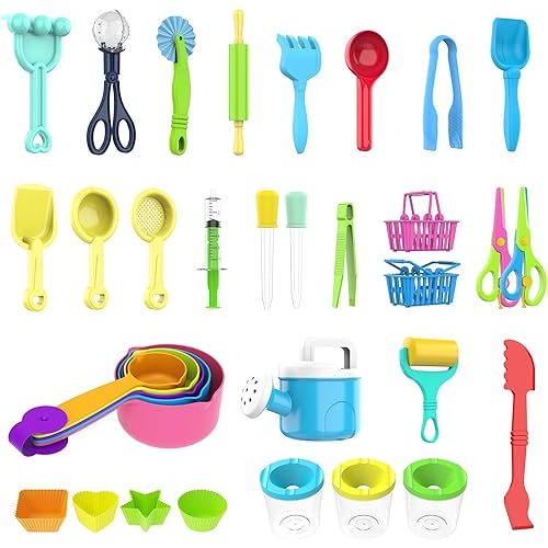 34PCS Sensory Bin Filler Tools,Fine Motor Skills Handy Sensory Bin Scooper Set with Scoops,Tweezers,Beach Shovels,Kettle,Rake,Sensory Table Bin Accessories for Counting Sorting Hammering Pounding