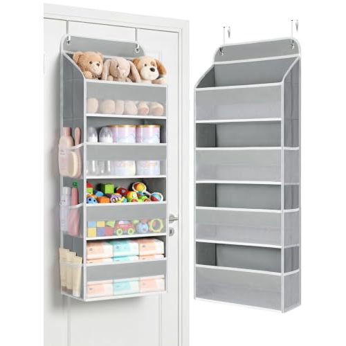 Yecaye Over the Door Organizer, Stuffed Animal Storage, Bathroom Organizers and Storage for Nursery Newborn Baby Essentials Stuff Dorm Room, Widen by 7cm, Deepen by 3cm, Grey 4 Tier Extra-Large