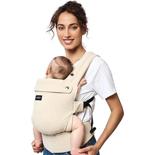 Momcozy Baby Carrier with Natural Cotton Linen, Soft & Cozy, Built to Last | 3D EVA Lumbar Support, Ergonomic X-Shaped Back Design, M-Position Hip Health, Hands-Free for Moms & Dads, Light Amber