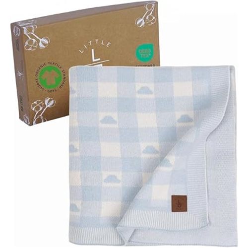 Gender-Neutral Checkered Baby Blanket 30x40 Inches, Blue Cloud – 100% Organic GOTS Certified Cotton, Soft and Lightweight, Cloud Pattern Design, Perfect for Swaddling