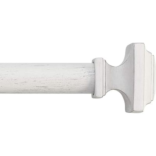 MODE Farmhouse Collection 1 1/8" Diameter Curtain Rod Set with Cottage Square Curtain Rod Finials and Steel Wall Mounted Adjustable Curtain Rod, Fits 36” to 72” Windows, Weathered White