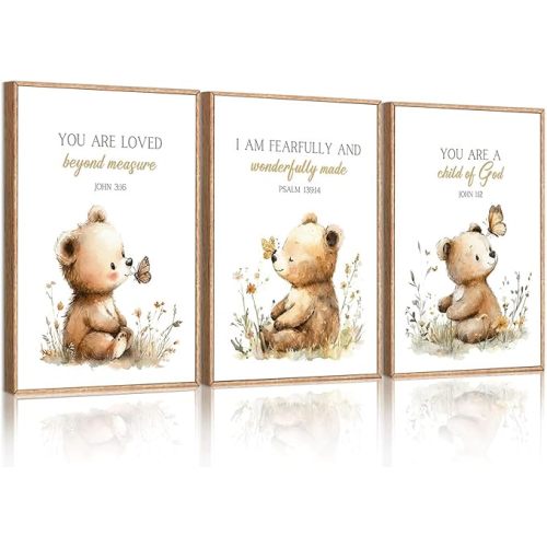 3Pcs Nursery Animal Bible Verse Wall Art Cute Bear Butterfly wildflowers Teddy Bear pictures Christian Baby Nursery Posters Prints for Kids Boys Girls Room Home Decoration 12x16in Unframed