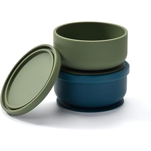 2-Pack Baby Bowls with Suction - Silicone Bowl with Lid, Non-Slip Suction Bowls for Baby, Feeding Bowl for Baby Led Weaning - Dishwasher Safe, Toddler Bowls for High Chair & Travel (Green+Dark Blue)