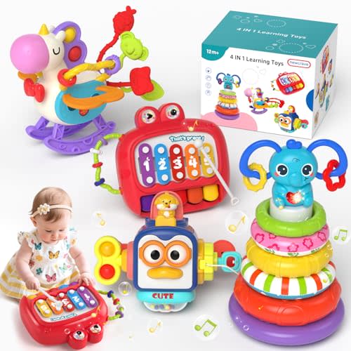 4 in 1 Baby Toys for 6-12 Months, Infant Sensory & Stacking for 1 Year Old, Dinosaur Busy Cube Toys for Babies 6-9-12 Months, Piano Xylophone Musical Travel Toy, Christmas Birthday Gifts for Toddler