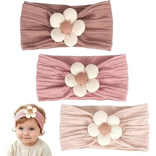 3 Pcs Baby Flower Headbands Baby Girls Nylon Headband Soft Hairbands Hair Accessories for Newborn Infant Toddler Kids (Yellow Pink White)