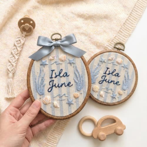 Personalized Coastal Baby Name Sign, Custom Ocean Nursery Name Hoop, Hand Embroidered Seashell Baby Wall Decor, Baby Nursery Wall Art