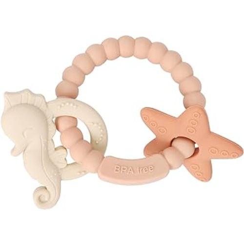 Silicone Teething Ring Toy, Baby Teether Toys with Rattles, BPA Free Sensory Chew Toys for Babies 3-6-12 Months to Soothe Sore Gums, Great Shower, Christmas Gift(Blush)