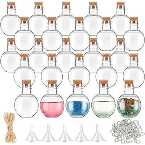 Bokon 25 Pack 1oz Plastic Mini Potion Bottles with Corks, Small Sand Art Jar Tiny Clear Liquor Bottles Bulk Wishing Vial for Birthday Halloween Valentines Party Favor DIY Craft