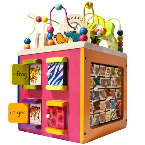 B. toys Wooden Activity Cube - Zany Zoo: Educational Play with Animals, Spinners, Bead Rollercoaster, Functional Doors
