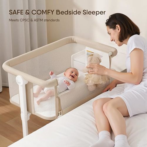 Bassinet Bedside Sleeper - All-Mesh Design, Portable Bedside Bassinet for Baby with Washable Mattress, 5 Adjustable Heights(Beige)