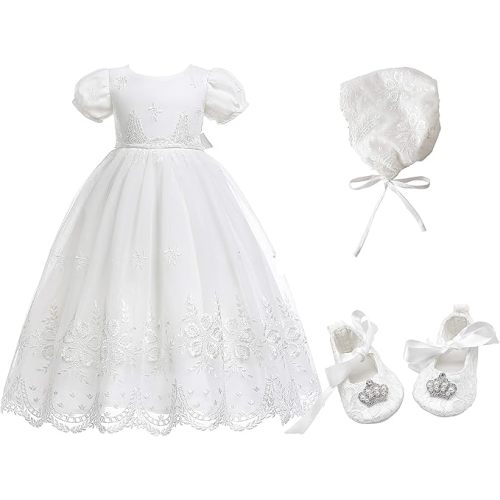 Glamulice Baby-Girls Newborn Satin Christening Baptism Floral Embroidered Dress Gown Outfit