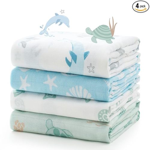 Momcozy Muslin Swaddle Blankets, 4-Pack Breathable and Skin-Friendly Receiving Blankets, Best Wishes Swaddle Blanket Shower Gifts & Baby Registry Essentials, Large 47"x47", Ocean Pixie Dream