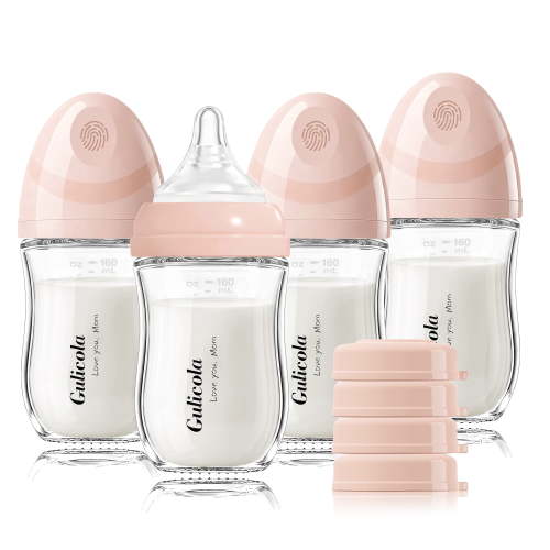 Gulicola Natural Glass Baby Bottle 4pk, 5 oz, Extra Slow Flow Nipples