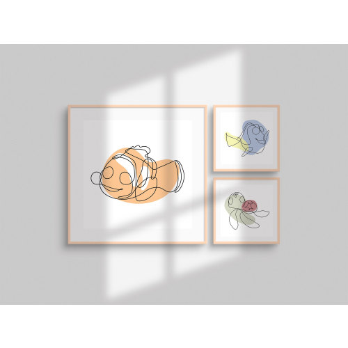 Finding Nemo - Nemo, Dory, Squirt | One Line Cartoon Printable Art | Digital Download