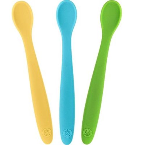 WeeSprout Silicone Baby Spoons, First Stage Infant Feeding Utensils With Soft-Tip - Set of 3 (Bright Green, Blue, Yellow)