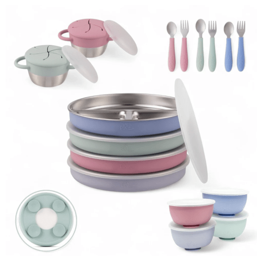 Stainless Steel Mealtime Bundle | Sucton Sleeves | Plates, Bowls, Snack Cups + Toddler Utensils | 16 Pcs | Blush/Lilac/Sage/MistyBlue