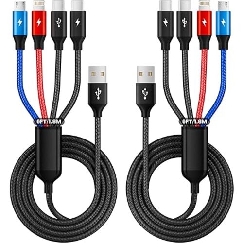 2Packs 6FT Dual Type-C 4 in 1 Multi Charging Cable for Multiple Devices with 2 USB-C/IP/Micro Port, USB Cable iPhone Charger Cord, Travel Car Accessories for iPhone17-8, Galaxy 25 Android iPad, More