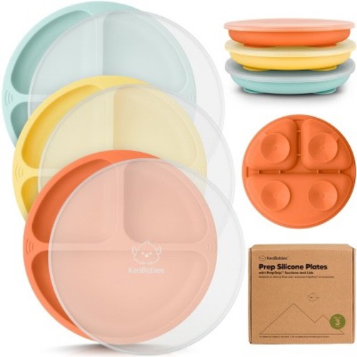 3-Pack Prep Suction Plates with Lids, 100% Silicone Baby Plates with Lid, BPA-Free Kids Divided Toddler Plates