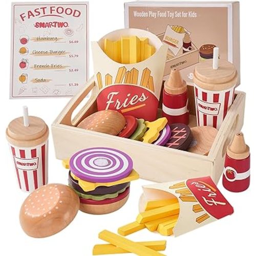 Wooden Play Food for Kids Pretend Hamburger Set Fast Food Toy Play Kitchen Accessories for Toddlers Toy Food Gift for Boys Girls Educational Toys