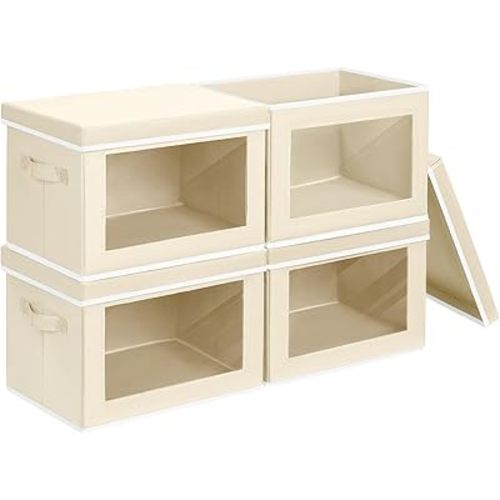 Storage Bins with Lids - Fabric Closet Storage Bins with Window, Collapsible Baskets for Shelves 4 Pack, Home Decorative Boxes for Clothes, Closet, Office, Beige