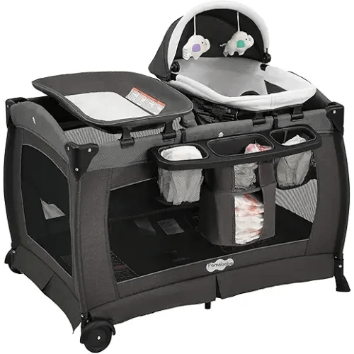Pamo Babe Pack and Play 4-in-1 Baby Playard with Bassinet & Changing Table, Foldable Portable Playpen with Mattress, Travel Crib for Newborn to Toddler 0-36M-Black
