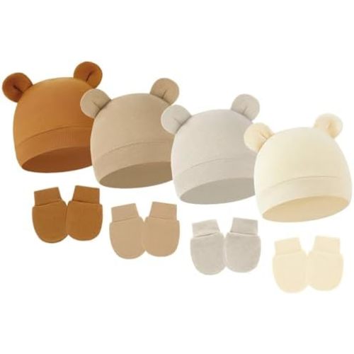 4 Pack Newborn Hats Mittens Set Bear Ears Preemie Hat Infant Hospital Mitten for Baby Boy Girl 0-6 Months
