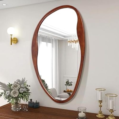 Asymmetrical Wood Mirror, Irregular Wall Mirror, Walnut Wooded Framed Wave Mirrors for Bathroom, Bedroom, Living Room, Entryway, Farmhouse Mid Century Modern Mirrors(36" H x 20" W)