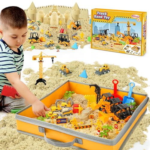 Billeeit Sand Construction Kit w/Sand Box and 2.2lbs Sensory Bin Play Sand | Including 15 In Foldable Sand Box, 8 Truck Toys, Castle Molds and Other Accessories 36Pcs Set, Gifts for Kids 3+