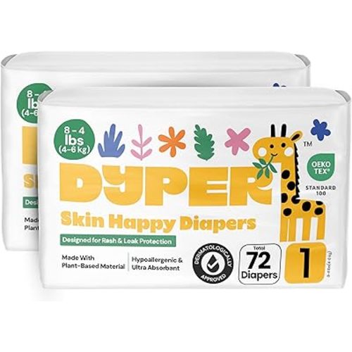 DYPER - Pack of 2 Baby Diapers Size 1 (72 Count) - Leak Proof, Plant Based, Hypoallergenic & Ultra Absorbent Disposable Diaper for Day & Overnight, Skin-Friendly Comfort Size 1 Diapers (8-14 lbs)
