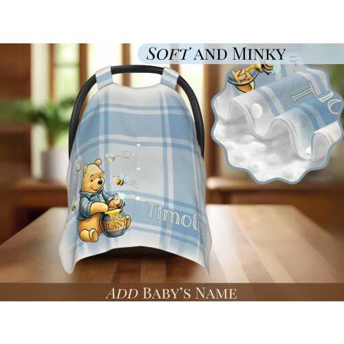 Winnie the Pooh Car Seat Cover Personalized Baby Seat Canopy Soft Dot Blanket Design Custom Baby Name Boy Gift Baby Shower Gift New Mom Idea