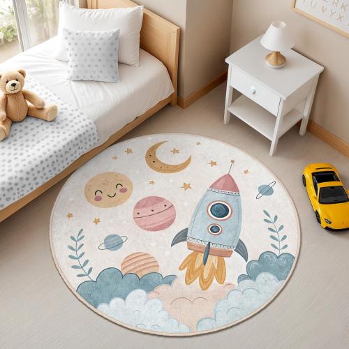 Space Rocket Kids Room Round Rug - Galaxy Planets Nursery Play Mat - Moon & Stars Toddler Carpet - Blue Yellow Circle Decor for Playroom