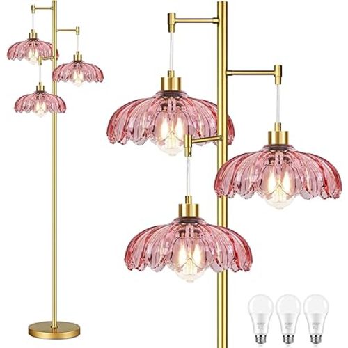 Pink Floor Lamp for Living Room,Bedroom,Gold Flower Mid Century Modern Standing Lamp Brass Tree 3 Light Tall Floor Lamps Vintage Floor Lights Glass Lamp Shade Farmhouse Boho Bohemian