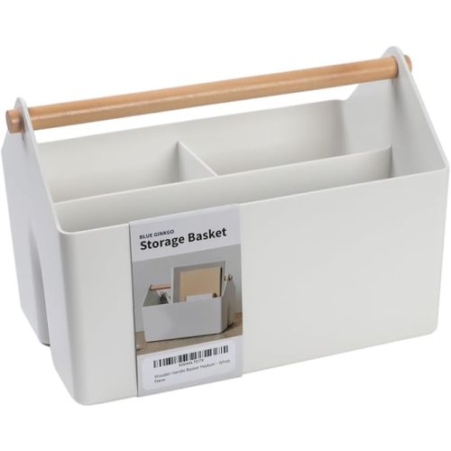 BLUE GINKGO Medium Storage Basket – Plastic Caddy with Wooden Handle for Office, Arts & Crafts, or Home Supplies (White)