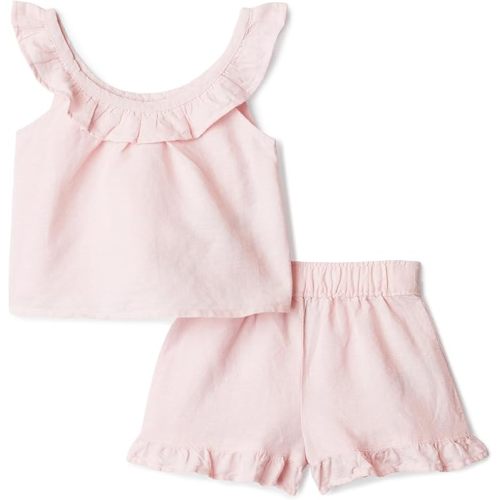 Amazon Essentials x Sofia Grainge Toddlers and Baby Girls' Cotton Linen Sleeveless Top & Shorts Set with Ruffles