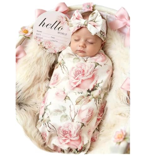 Galabloomer Baby Girl Newborn Receiving Blanket with Headband Set Baby Swaddle Nursery Swaddle Wrap with Card (Vintage Flower)