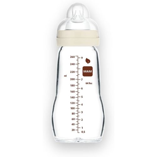 MAM 9oz Premium Glass Baby Bottle Newborn, Wide Neck Medium Flow Breastfeeding Like Silicone Nipple, Easy Clean, BPA Free, 2+ Months, Easy Switch Between Breast and Bottle, 1 Pack, Unisex