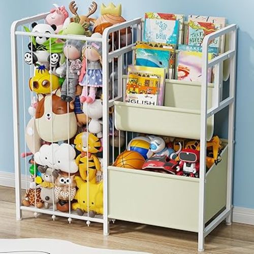 Kids Bookshelf and Toy Storage, Toddler Bookshelf with Stuffed Animal Zoo Storage, 3-Tier Book and Toy Chest Storage for Kid Toy Shelf Organizer for Bedroom, Playroom, Nursery(Beige)