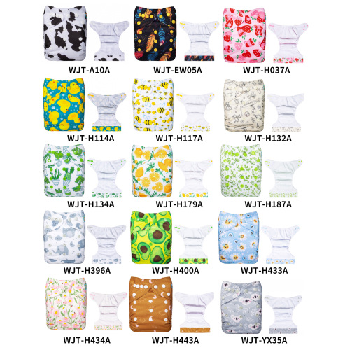 (Multi-packs) 10PCS Printed AWJ Cloth Diapers with Tummy Panels One Size Reusable Adjustatble Cloth Baby Diapers(With 10 Inserts)
