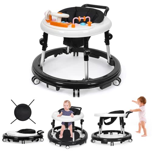 NVW Music and Lights Baby Walker Foldable with 9 Adjustable Heights, Baby Walker with Wheels Portable, Baby Walkers and Activity Center for Boys Girls Babies 7-18 Months (New-Black)