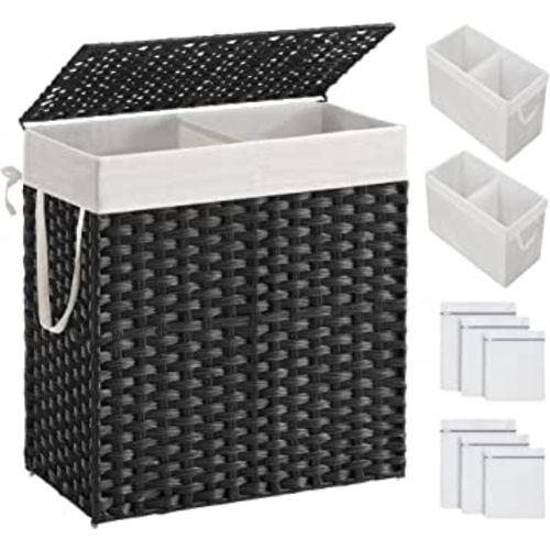 SONGMICS Laundry Hamper with Lid, 110L Clothes Hamper with 2 Removable Liner Bags, 6 Mesh Bags, Wicker Laundry Basket, Double Laundry Hamper for Laundry Room, 13 x 22.4 x 23.6 Inches Black ULCB52BK