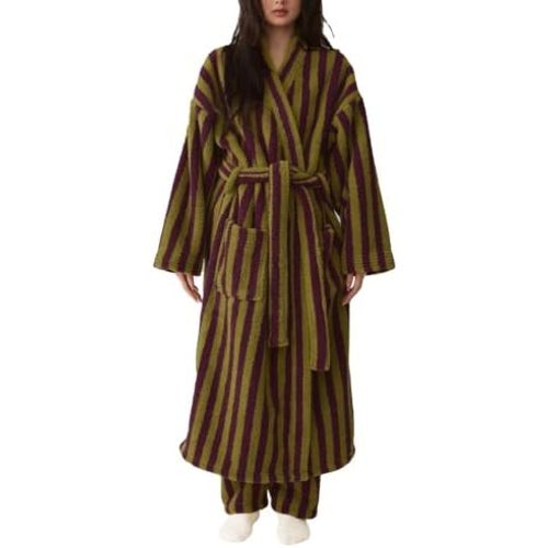 Women's Fuzzy Fleece Long Robe Striped Plush Kimono Warm Thick Fluffy Oversized V Neck Loungewear Maxi Bathrobe