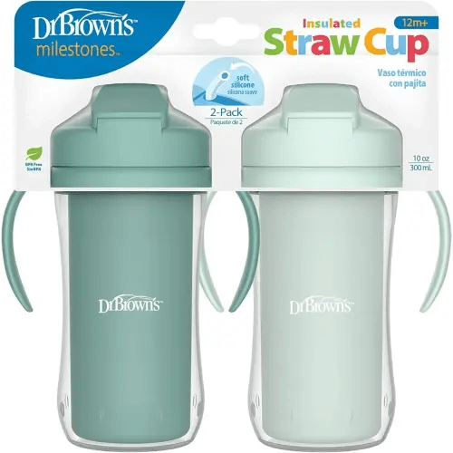 Dr. Brown's Milestones Insulated Sippy Cup with Straw and Handles, Spill-Proof Tumbler with Lid, 2-Pack, Green, 10 oz/300 mL, BPA Free, 12m+